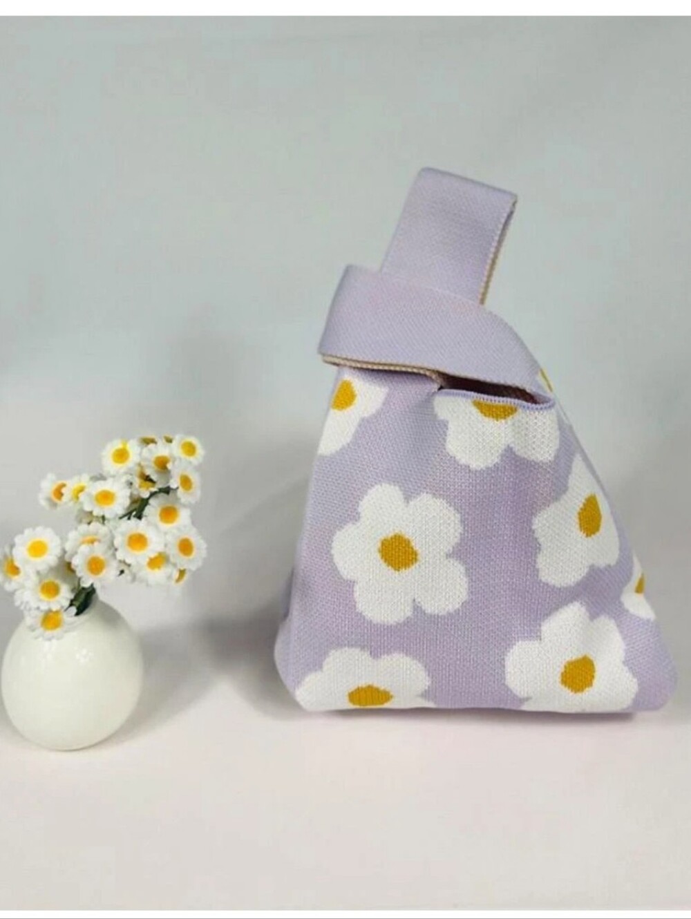 Lavender Knit Knot Bag Mini Tote Wristlet Daisy Floral